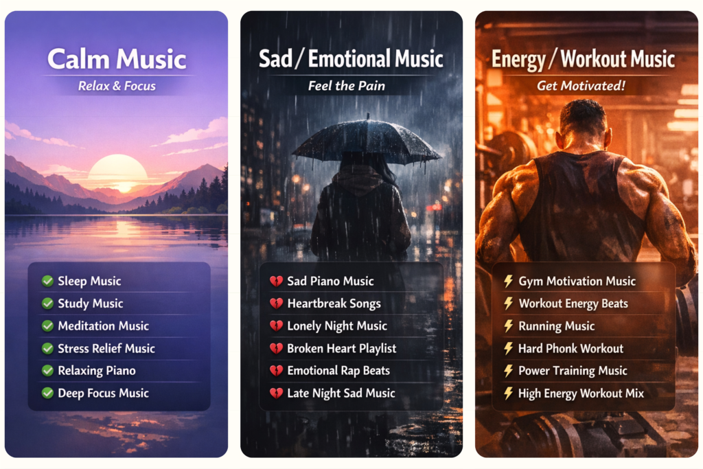 AI music niche examples for Spotify playlists including calm music, sad emotional music, and workout energy music. AI Music Brand